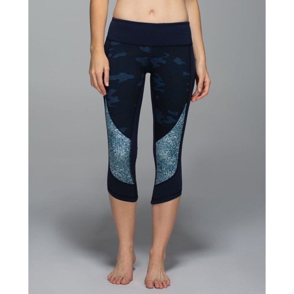 Lululemon Wunder Under Crop Full-On Luon Heathered Camo Blue Leggings Women Sz 9